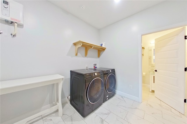 3935 Memorial Dr, Waycross, GA 31503 - laundry room featuring laundry area, water heater, marble finish floor, and washer and clothes dryer