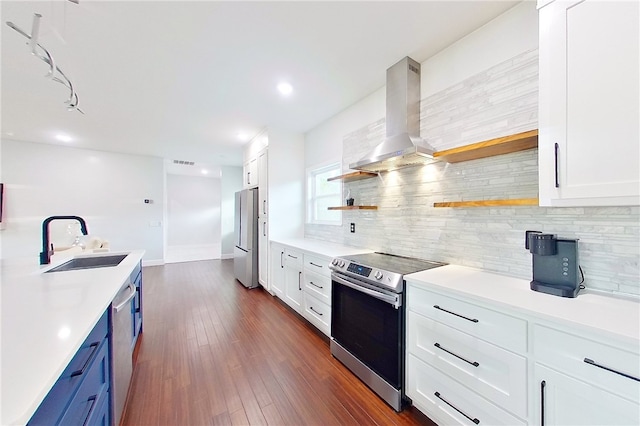 3935 Memorial Dr, Waycross, GA 31503 - kitchen featuring wall chimney exhaust hood, dark wood-style flooring, stainless steel appliances, open shelves, and a sink