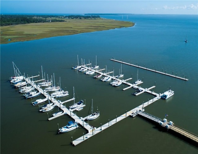 drone / aerial view with a water view