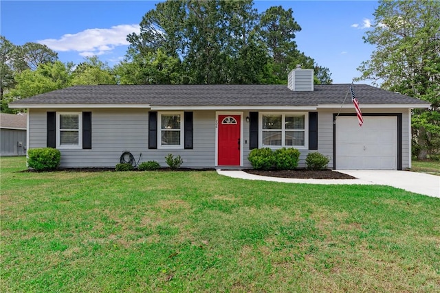 ranch-style home with driveway, a chimney, a front yard, and a garage