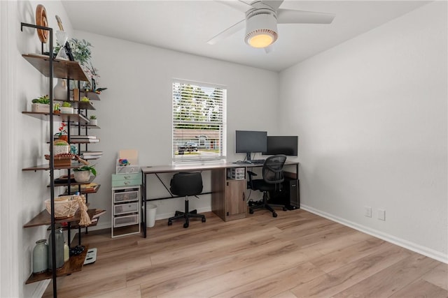 home office with baseboards, a ceiling fan, and wood finished floors
