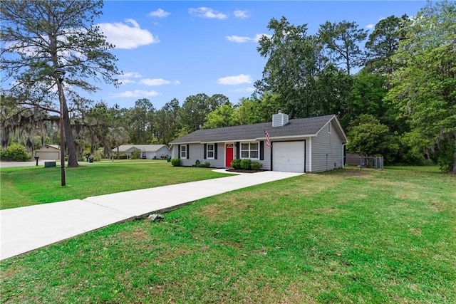 single story home featuring a garage, a front lawn, driveway, and a chimney