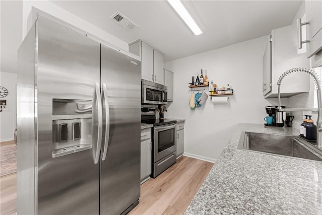 kitchen featuring appliances with stainless steel finishes, a sink, light wood-style floors, tasteful backsplash, and visible vents