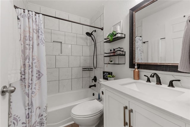 full bath featuring shower / bath combo with shower curtain, toilet, and vanity