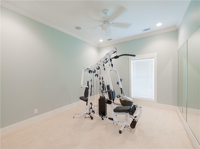 138 Mohr Club Dr, Darien, GA 31305 - workout area featuring carpet floors, ornamental molding, a ceiling fan, recessed lighting, and baseboards