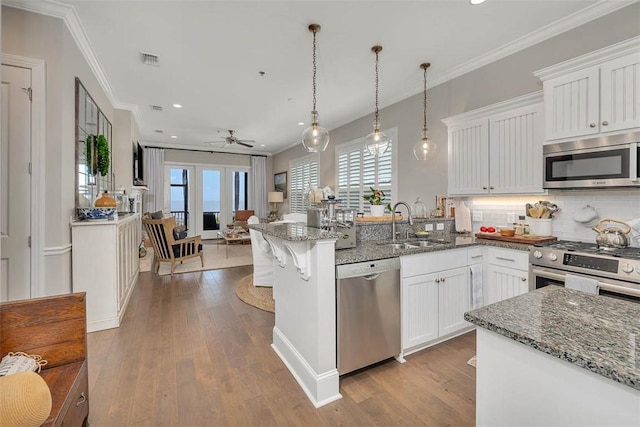 kitchen with white cabinetry, a wealth of natural light, hanging light fixtures, and stainless steel appliances