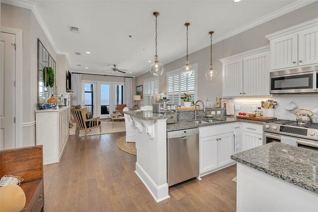 kitchen with white cabinetry, a wealth of natural light, hanging light fixtures, and stainless steel appliances