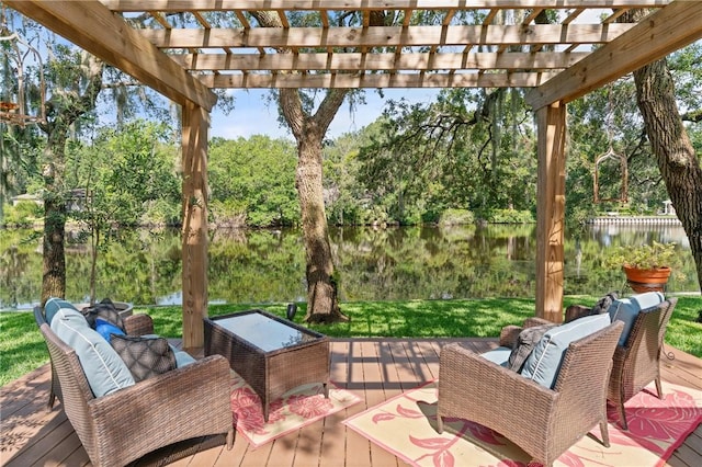105 Driftwood Pl, Saint Simons Island, GA 31522 - view of patio / terrace featuring a deck with water view, a pergola, and outdoor lounge area