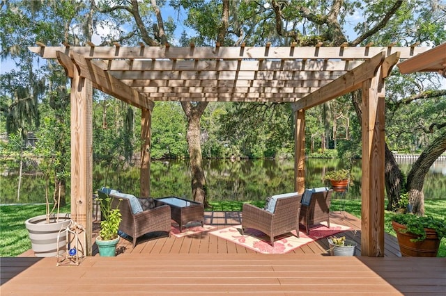 105 Driftwood Pl, Saint Simons Island, GA 31522 - wooden terrace featuring a pergola, a water view, and an outdoor living space