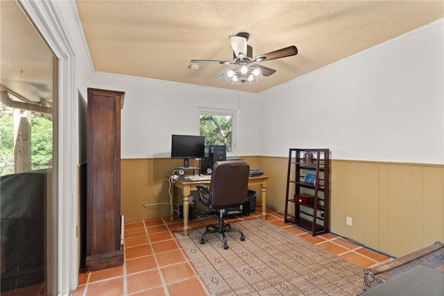 105 Driftwood Pl, Saint Simons Island, GA 31522 - tiled office space with a wainscoted wall, ceiling fan, and a textured ceiling