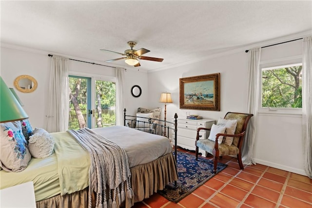 105 Driftwood Pl, Saint Simons Island, GA 31522 - bedroom with access to exterior, a ceiling fan, and ornamental molding