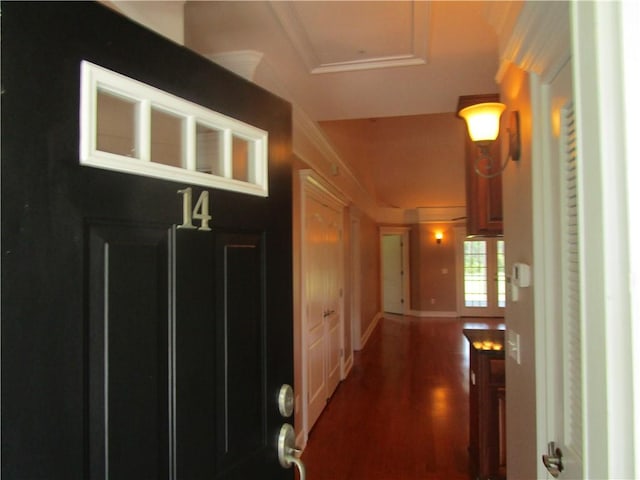 hall with baseboards and wood finished floors