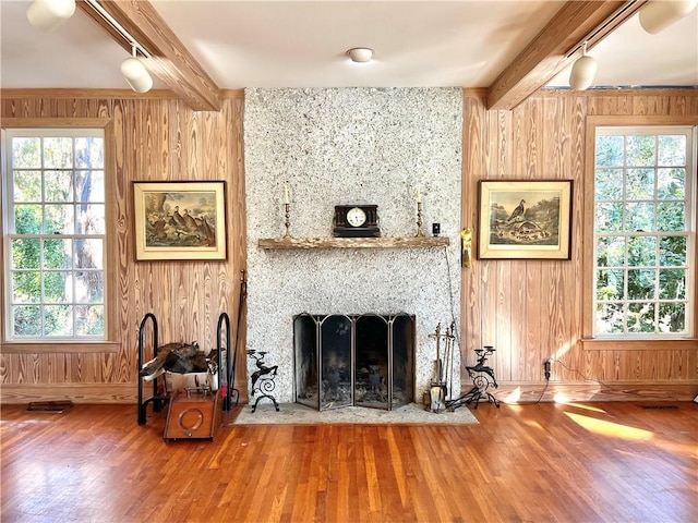 living room with beam ceiling, wood walls, a large fireplace, and a healthy amount of sunlight