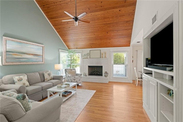 630 Sheraton Plz, Saint Simons Island, GA 31522 - living area featuring wood ceiling, a fireplace with raised hearth, ceiling fan, light wood-type flooring, and high vaulted ceiling