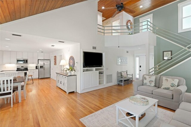 630 Sheraton Plz, Saint Simons Island, GA 31522 - living area featuring wood ceiling, a ceiling fan, light wood-type flooring, stairs, and high vaulted ceiling