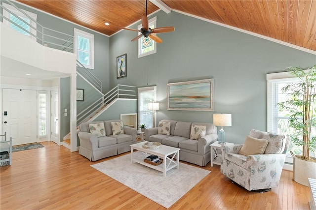 630 Sheraton Plz, Saint Simons Island, GA 31522 - living area featuring a wood ceiling with exposed beams, high vaulted ceiling, healthy amount of natural light, stairs, and wood finished floors