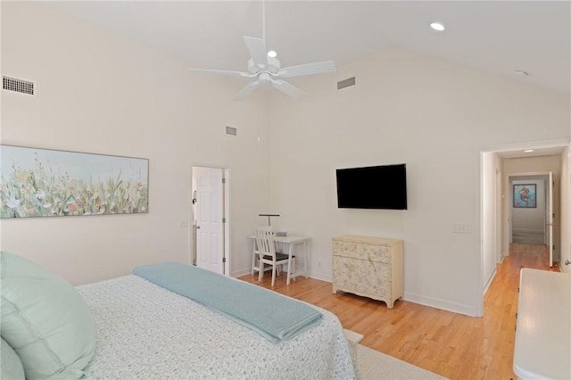 630 Sheraton Plz, Saint Simons Island, GA 31522 - bedroom featuring wood finished floors, high vaulted ceiling, recessed lighting, and a ceiling fan