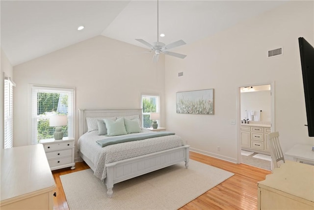630 Sheraton Plz, Saint Simons Island, GA 31522 - bedroom featuring high vaulted ceiling, light wood-style floors, ensuite bathroom, ceiling fan, and recessed lighting