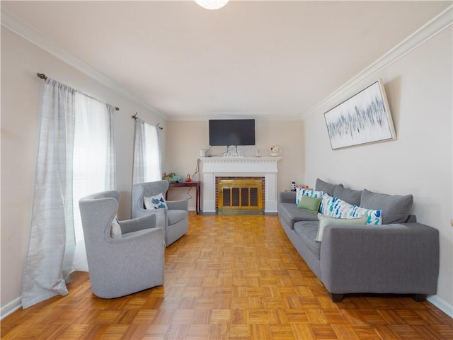 living room with ornamental molding and light parquet flooring