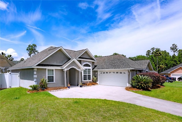 view of front of home featuring fence, a front lawn, a garage, stucco siding, and concrete driveway