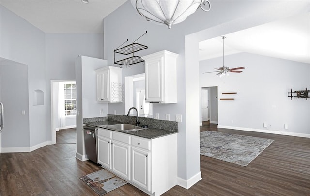 kitchen featuring a sink, high vaulted ceiling, ceiling fan, and stainless steel dishwasher