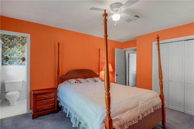 208 Plantation Dr, Waycross, GA 31501 - carpeted bedroom with a closet, a ceiling fan, and ensuite bath