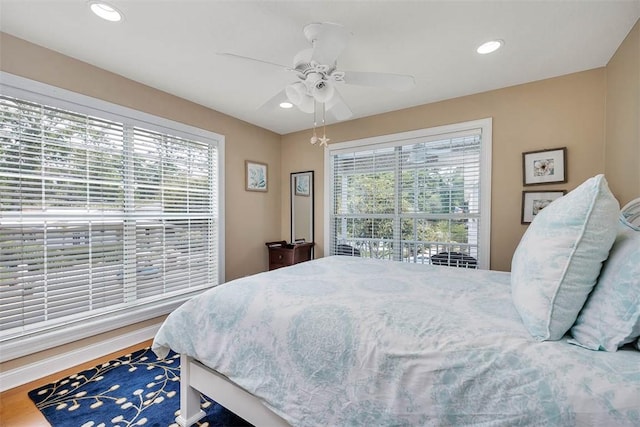 200 Colgana Way, Saint Simons Island, GA 31522 - bedroom with recessed lighting, a ceiling fan, and wood finished floors