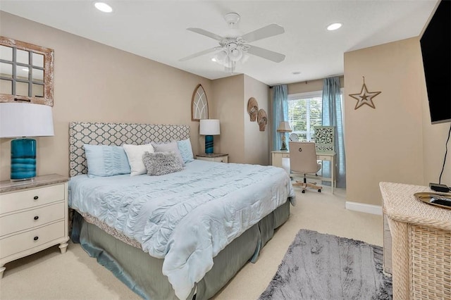 200 Colgana Way, Saint Simons Island, GA 31522 - bedroom with light carpet, recessed lighting, and ceiling fan