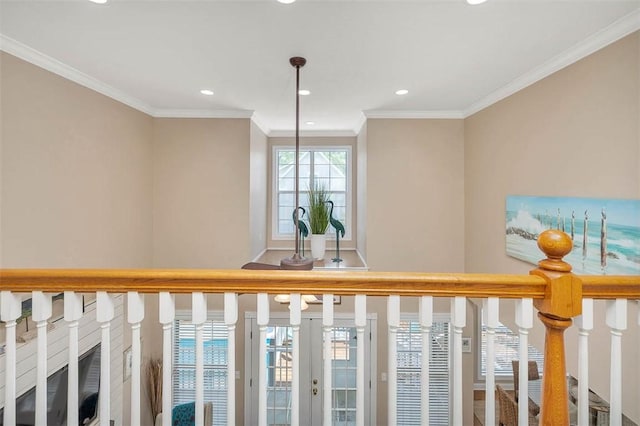 200 Colgana Way, Saint Simons Island, GA 31522 - hall with recessed lighting, crown molding, french doors, and a towering ceiling