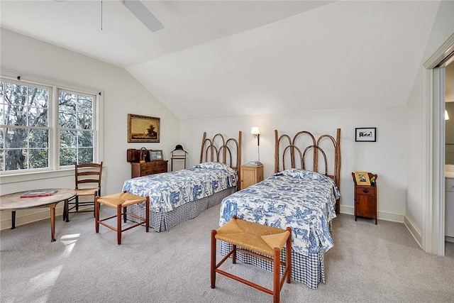 bedroom with lofted ceiling, light colored carpet, and ceiling fan