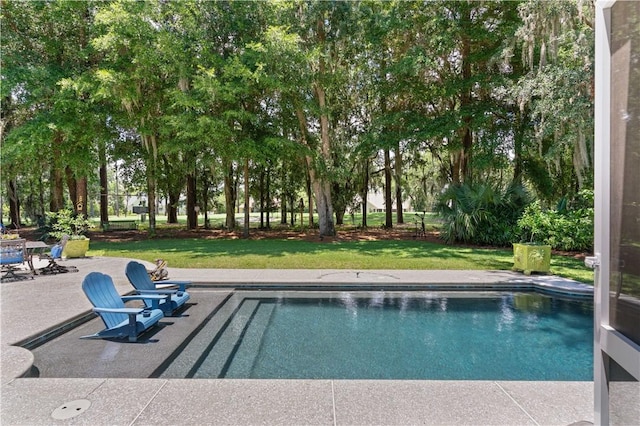 view of pool featuring a patio area and a lawn