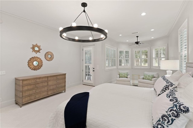 carpeted bedroom with ceiling fan, crown molding, and access to outside