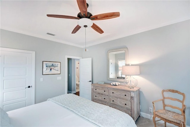 bedroom featuring ceiling fan and ornamental molding