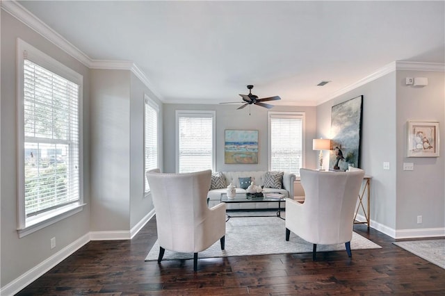 living room with ceiling fan, dark hardwood / wood-style floors, and ornamental molding