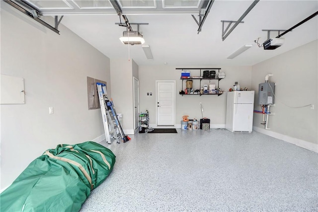 garage featuring electric panel, water heater, a garage door opener, and white refrigerator