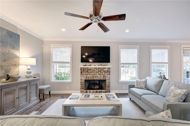 living room featuring a brick fireplace, crown molding, ceiling fan, and light wood-type flooring