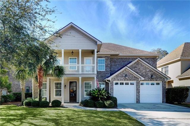 view of front of home featuring a front yard, a balcony, and a garage