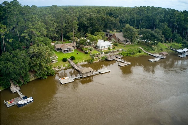 birds eye view of property featuring a water view and a wooded view