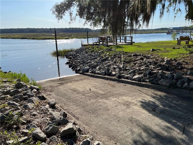 dock area with a water view