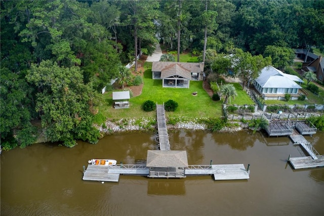 aerial view featuring a water view