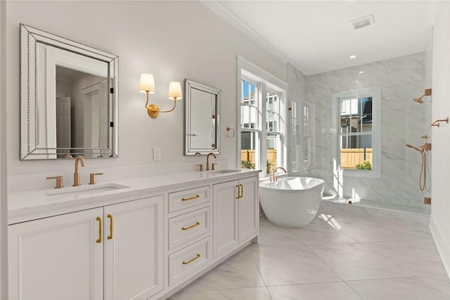 bathroom featuring plus walk in shower and vanity