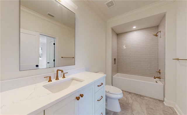 full bathroom featuring tiled shower / bath combo, crown molding, vanity, and toilet