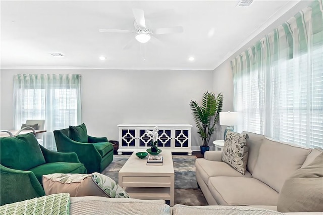 222 Bottlebrush Walk, Brunswick, GA 31525 - living room featuring ceiling fan, ornamental molding, and recessed lighting