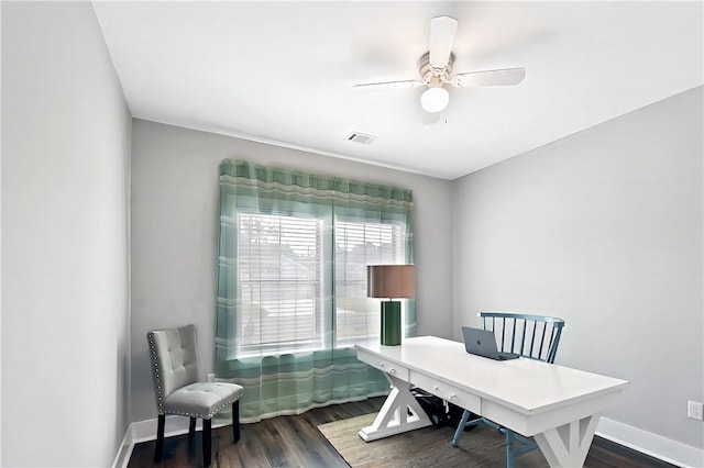222 Bottlebrush Walk, Brunswick, GA 31525 - home office featuring dark wood-type flooring and a ceiling fan