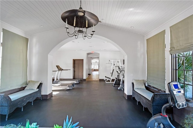 222 Bottlebrush Walk, Brunswick, GA 31525 - gym featuring arched walkways, wood ceiling, and a chandelier