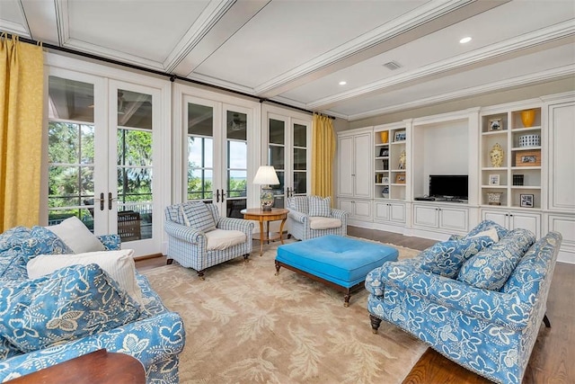 117 Hawkins Island Cir, Saint Simons Island, GA 31522 - living area with french doors, wood finished floors, crown molding, and beam ceiling