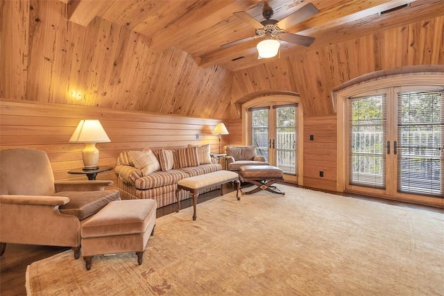 117 Hawkins Island Cir, Saint Simons Island, GA 31522 - living area with wood walls, wooden ceiling, ceiling fan, and french doors