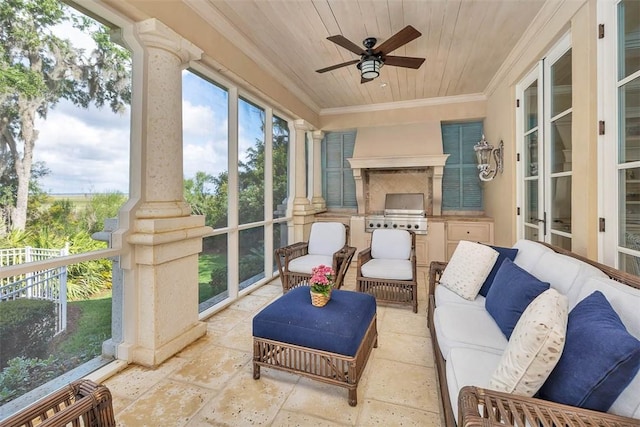 117 Hawkins Island Cir, Saint Simons Island, GA 31522 - sunroom featuring wooden ceiling, ornamental molding, and stone tile floors