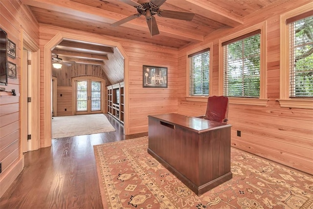 117 Hawkins Island Cir, Saint Simons Island, GA 31522 - office featuring wood walls, a ceiling fan, wooden ceiling with exposed beams, wood finished floors, and french doors