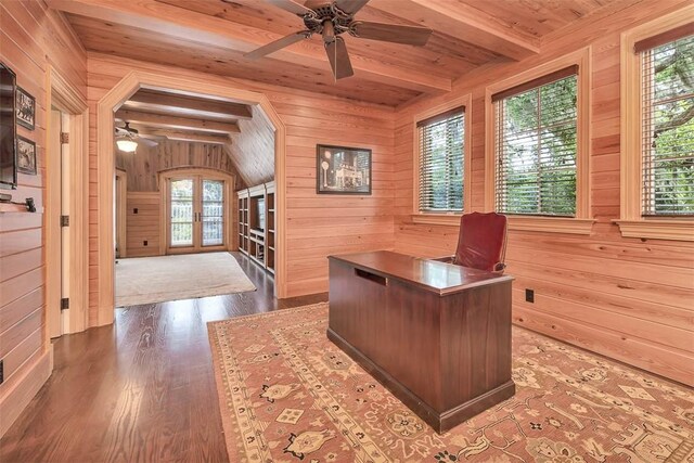 117 Hawkins Island Cir, Saint Simons Island, GA 31522 - office area with wood walls, ceiling fan, wood finished floors, french doors, and a wooden ceiling with exposed beams